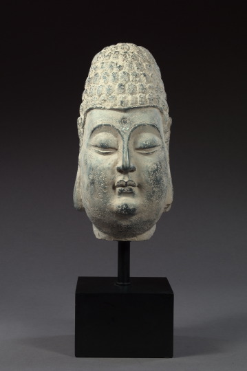 Appraisal: Large Gray Faux-Stone Head of a Contemplative Thai Buddha in