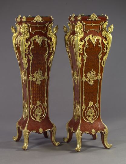 Appraisal: Monumental Pair of Louis XV-Style Kingwood and Parquetry-Inlaid Brass-Mounted Marble-Top