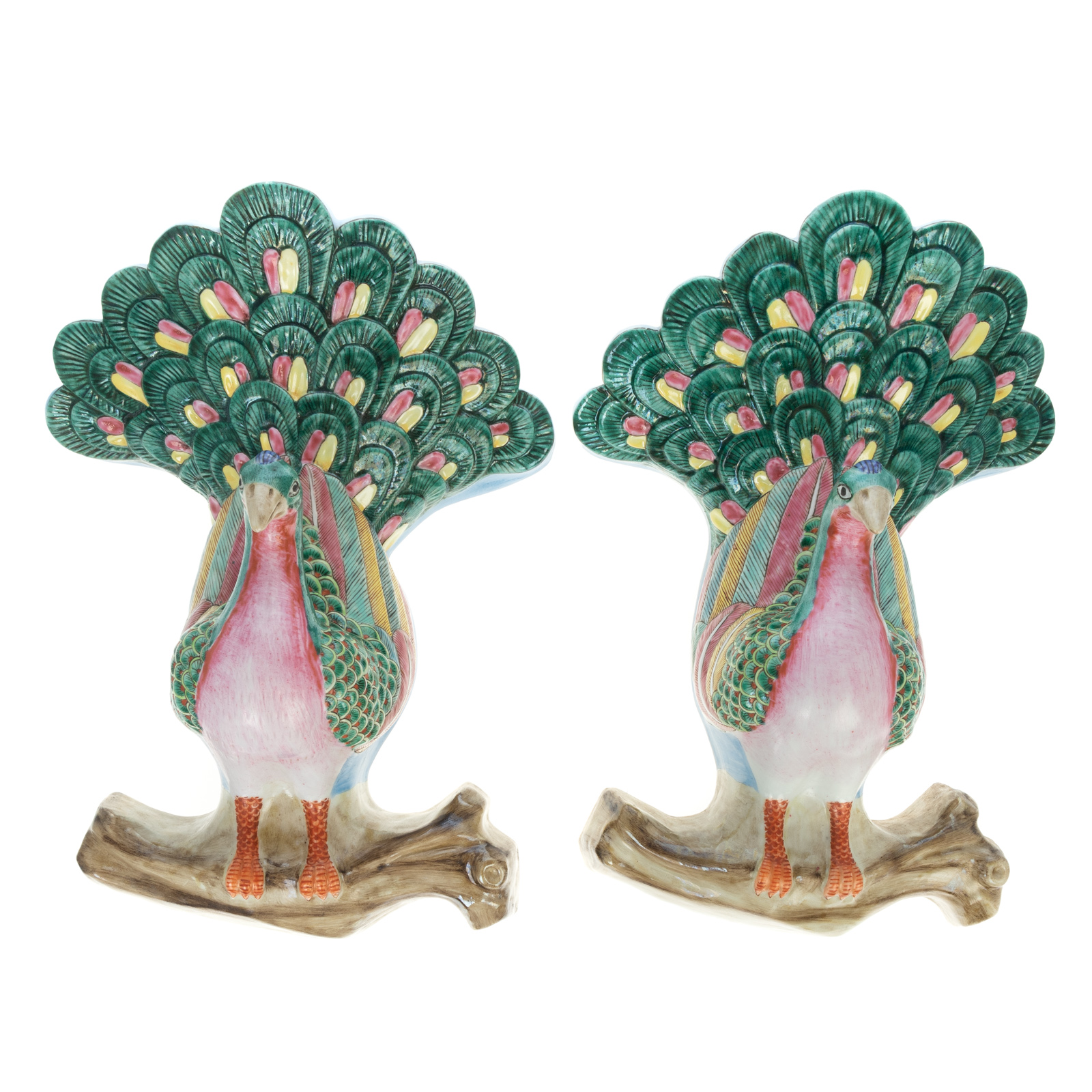 Appraisal: A PAIR OF CHINESE EXPORT PEACOCK WALL POCKETS th century