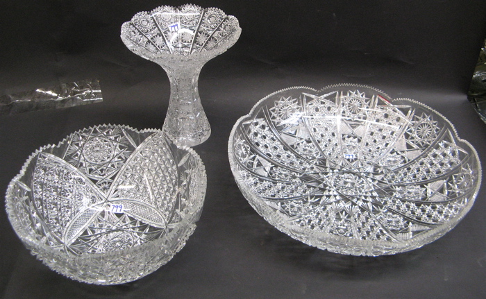 Appraisal: THREE PIECES OF HEAVILY CUT CRYSTAL a large round centerpiece