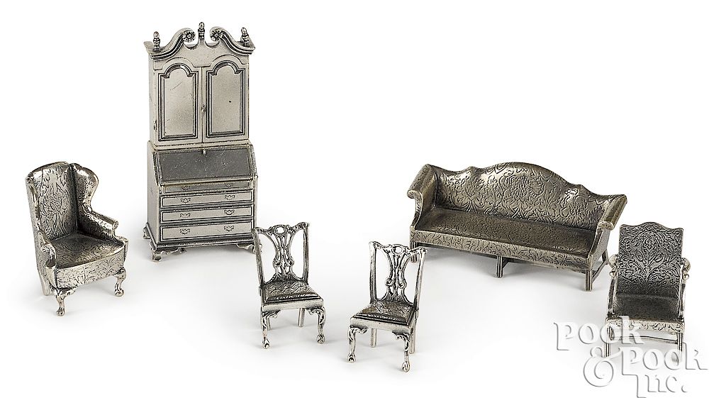 Appraisal: Sterling silver miniature furniture Sterling silver miniature furniture to include