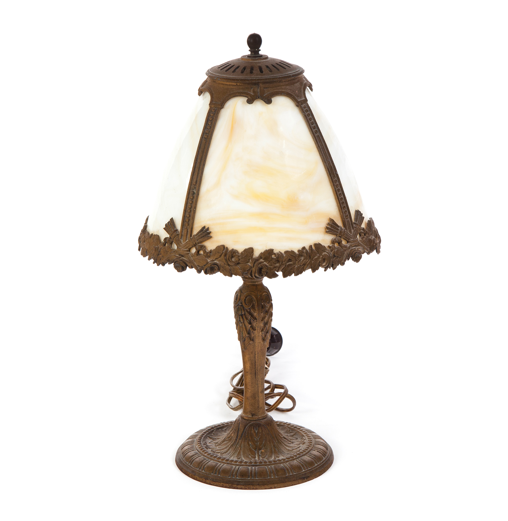 Appraisal: E M CO FOUR-PANE SLAG GLASS SIDE TABLE LAMP American