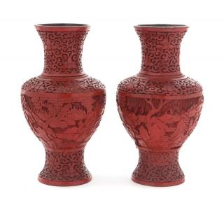 Appraisal: A Pair of Cinnabar Lacquer Vases A Pair of Cinnabar