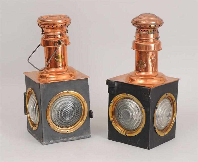 Appraisal: PAIR OF ENGLISH COPPER BRASS AND METAL TRAIN STATION LANTERNS