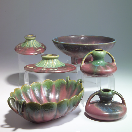 Appraisal: FULPER Six pieces covered in Moss-to-Rose flambe glaze a footed