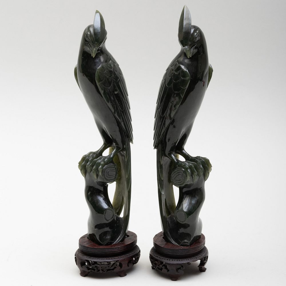 Appraisal: Pair of Chinese Spinach Green Jade Models of Birds With