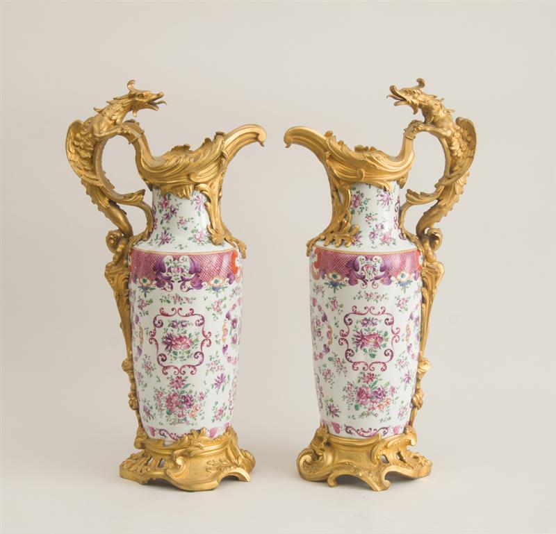 Appraisal: PAIR OF LOUIS XV STYLE GILT-BRONZE-MOUNTED FAMILLE ROSE STYLE PORCELAIN