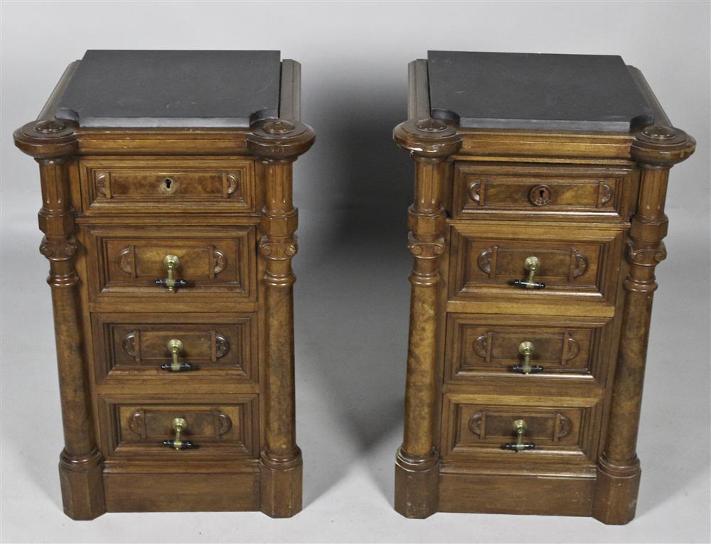 Appraisal: PAIR OF EASTLAKE STYLE FOUR DRAWER SIDE CABINETS black stone