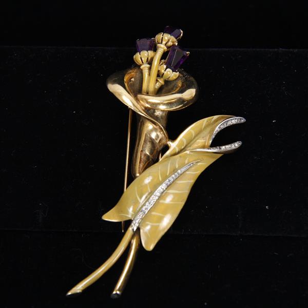 Appraisal: DeRosa LARGE Cala Lily Floral Spray with Purple Jewels Enameled