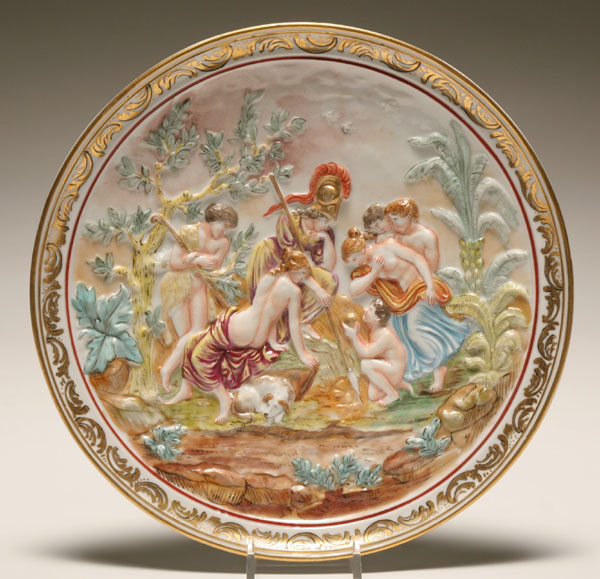 Appraisal: Capo di Monte classically themed plate Athena holds heavenly court