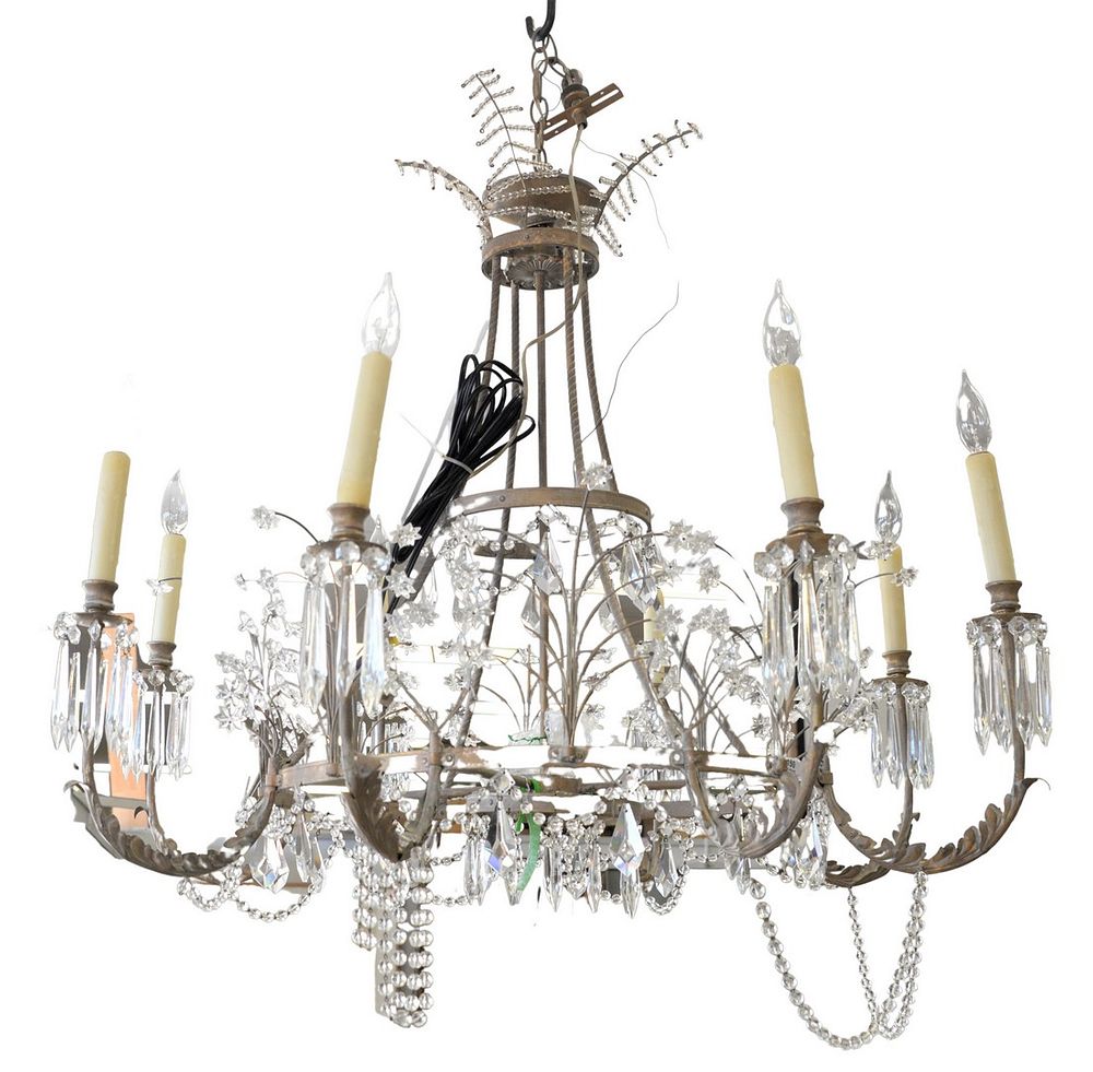 Appraisal: Eight Light Hanging Chandelier grey washed metal with prisms height