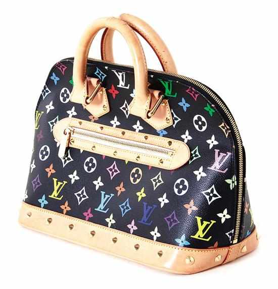 Appraisal: Louis Vuitton black leather bag with multicolor-monogram H '' W