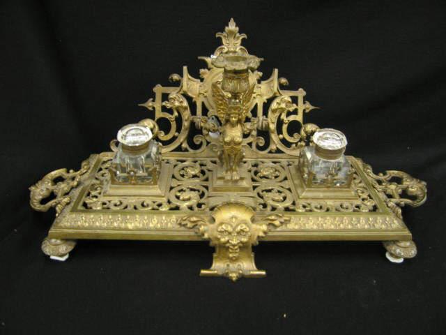 Appraisal: French Victorian Bronzed Inkstand double crystal wells figural gryphon candleholder