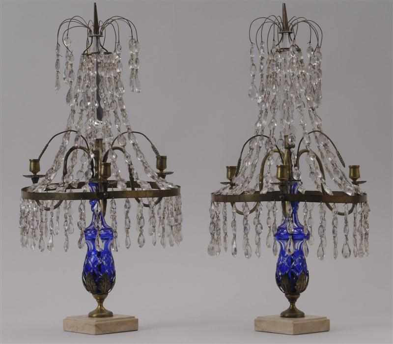 Appraisal: PAIR OF SWEEDISH NEOCLASSICAL STYLE GLASS-MOUNTED BRASS THREE-LIGHT CANDELABRA Each