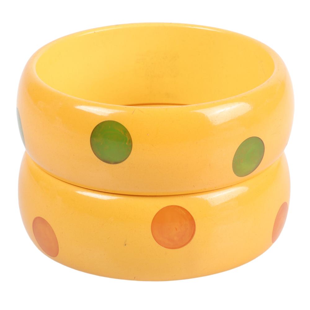 Appraisal: TWO WIDE POLKA DOT CREAM BAKELITE BRACELETS W X INNER