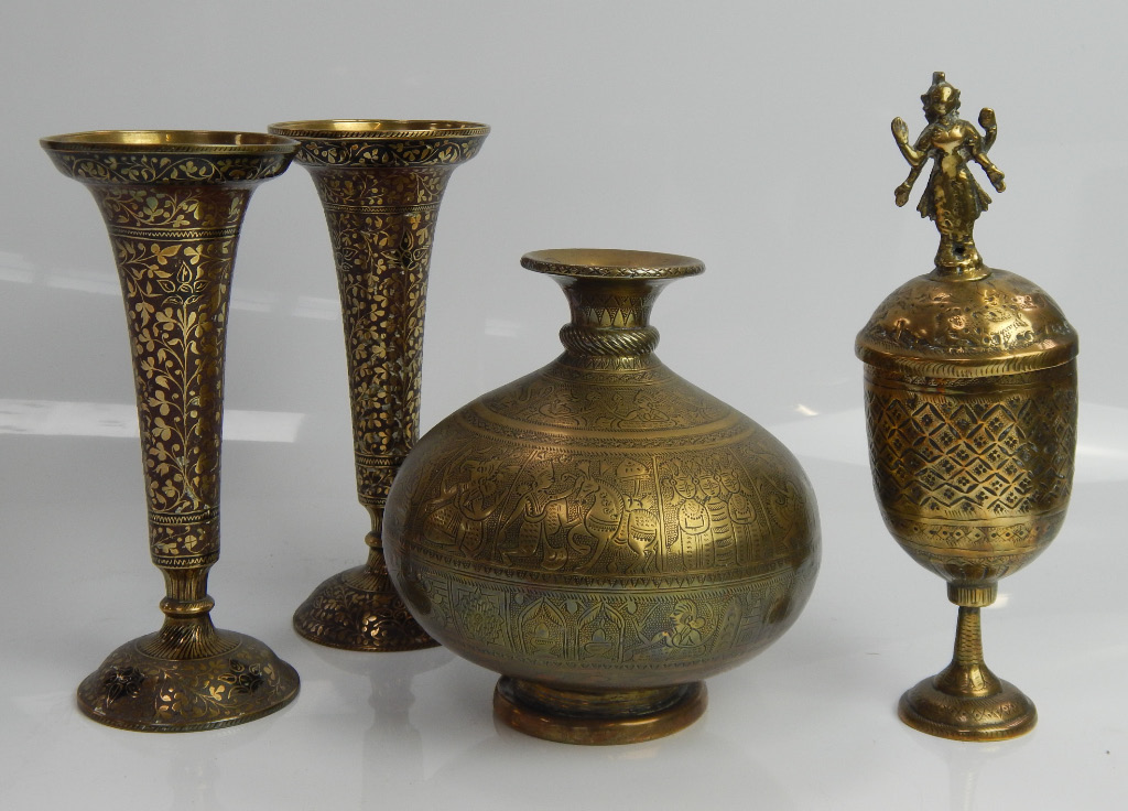 Appraisal: An Indian Benares brass compressed spherical vase with engraved figural