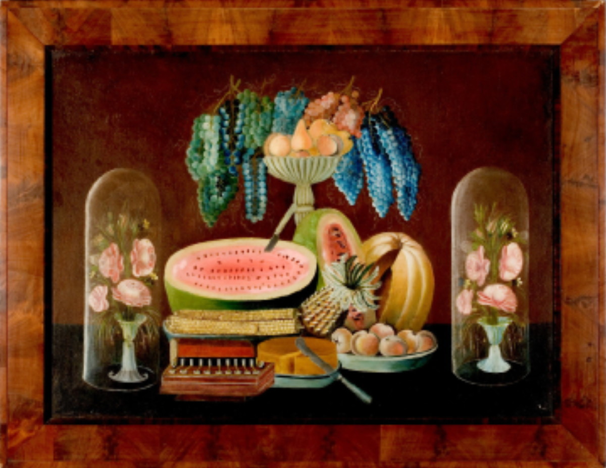 Appraisal: LARGE STILL-LIFE WITH A COMPOTE OF FRUIT OPEN WATER MELONS