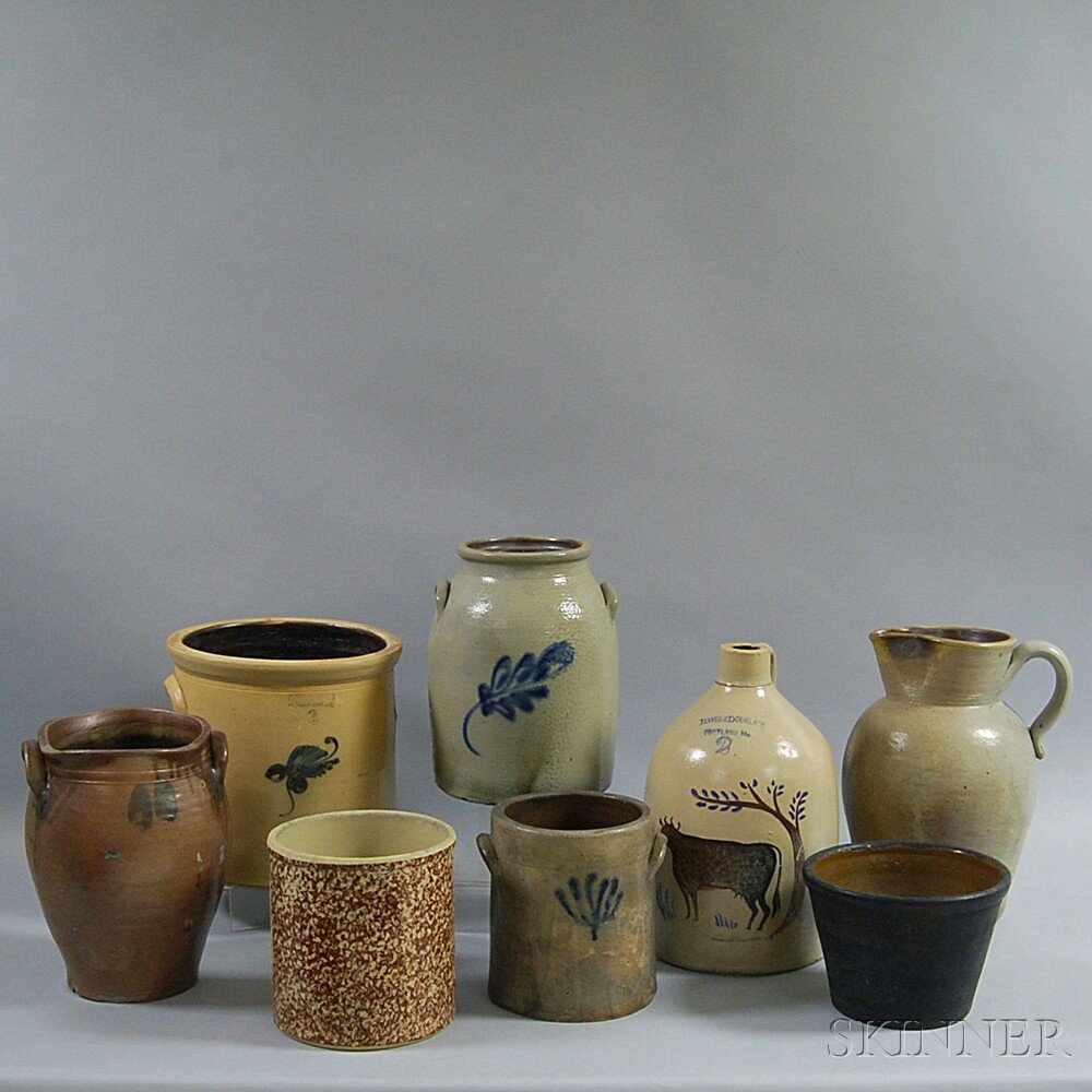 Appraisal: Eight Stoneware Vessels three crocks one with mottled brown decoration