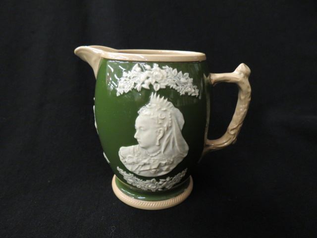 Appraisal: Copeland Jasperware Queen Victoria Jubilee Milk Pitcher green tan body