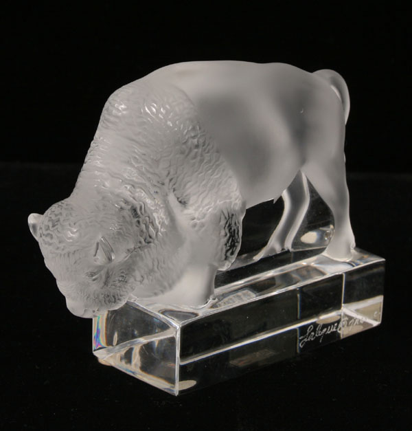 Appraisal: Lalique frosted art glass bison on clear base Signed Lalique