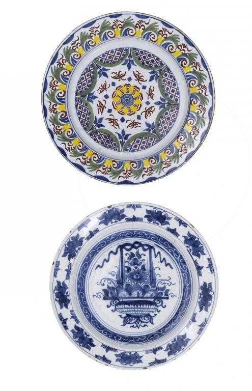 Appraisal: A DUTCH DELFTWARE POLYCHROME DISH painted with a stylised flower