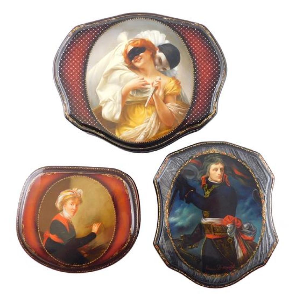 Appraisal: Russian lacquer boxes three pieces with Continental theme including portraits