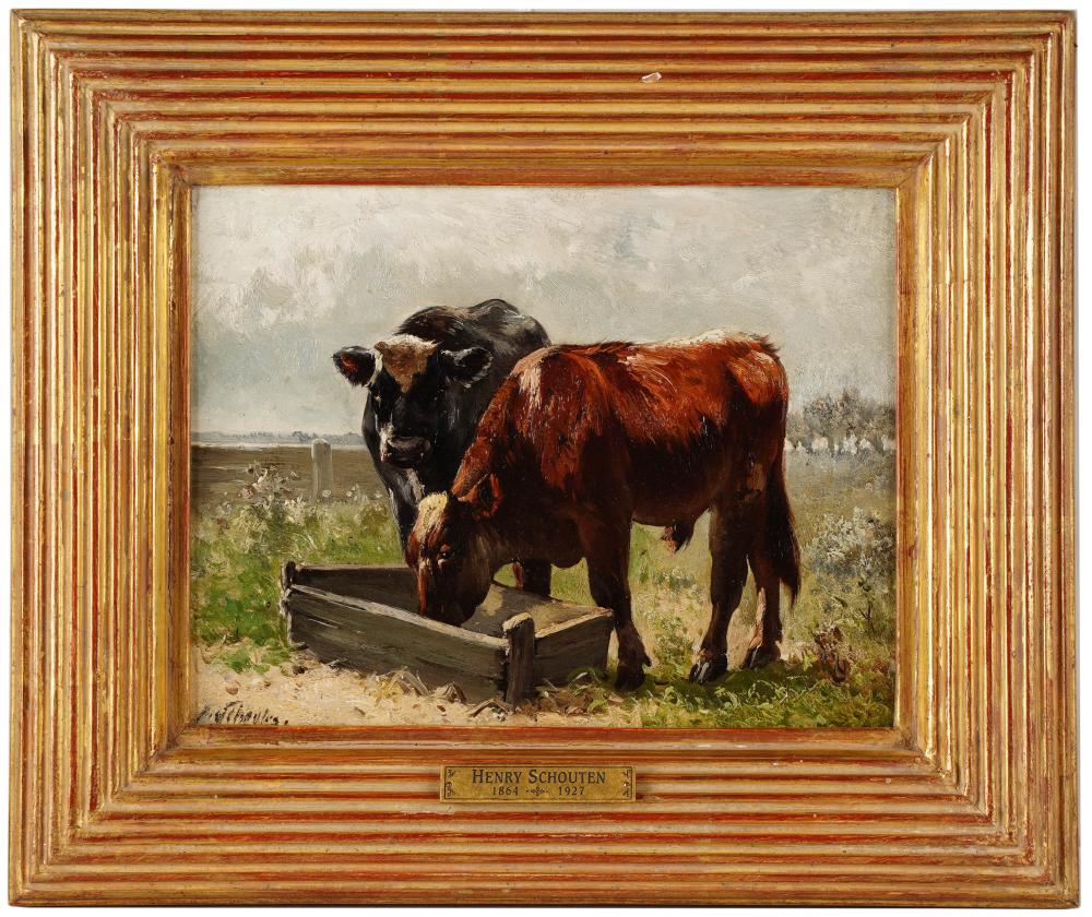 Appraisal: HENRY SCHOUTEN - CATTLE AT TROUGHoil on wood panel signed