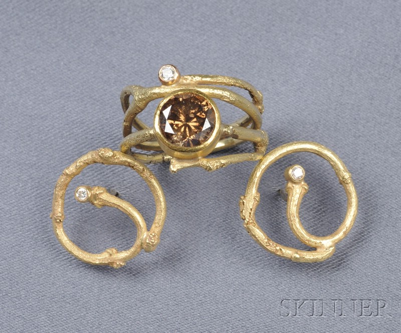 Appraisal: kt Gold Colored Diamond and Diamond Twig Ring and Earrings