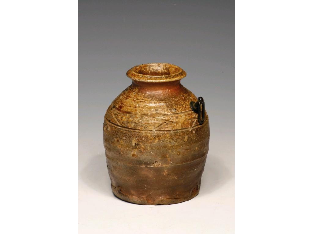 Appraisal: A JAPANESE STONEWARE VASE of Bizen type with incised geometric