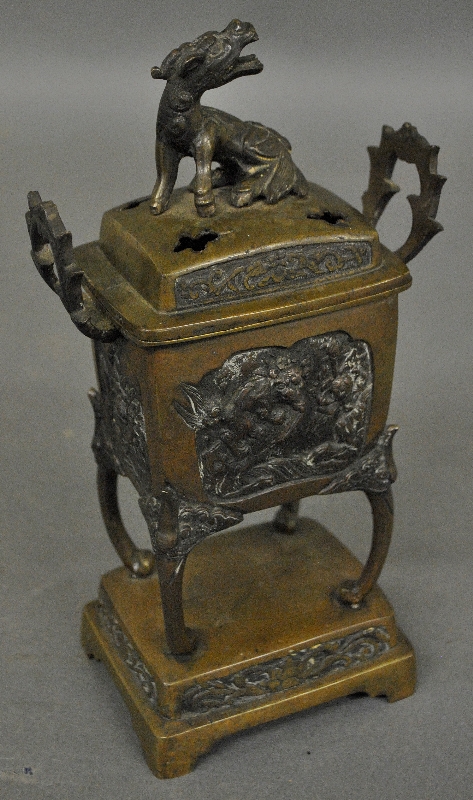 Appraisal: - Asian bronze incense burner with relief panels of flowers