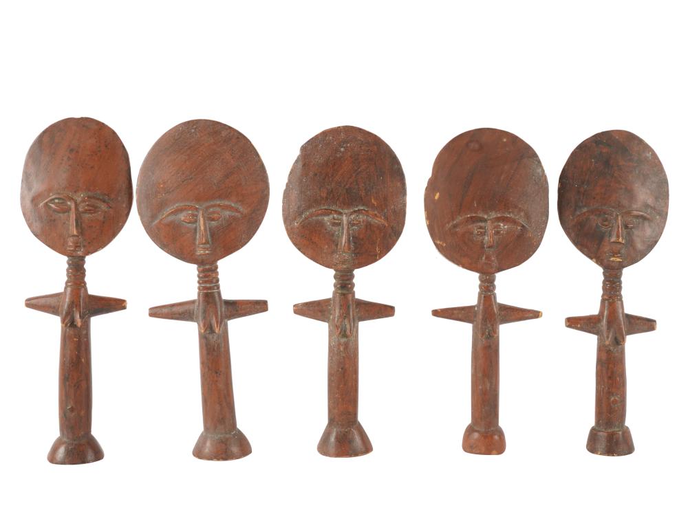 Appraisal: FIVE AFRICAN CARVED WOOD FIGURESunsigned Condition wear and discoloration Provenance