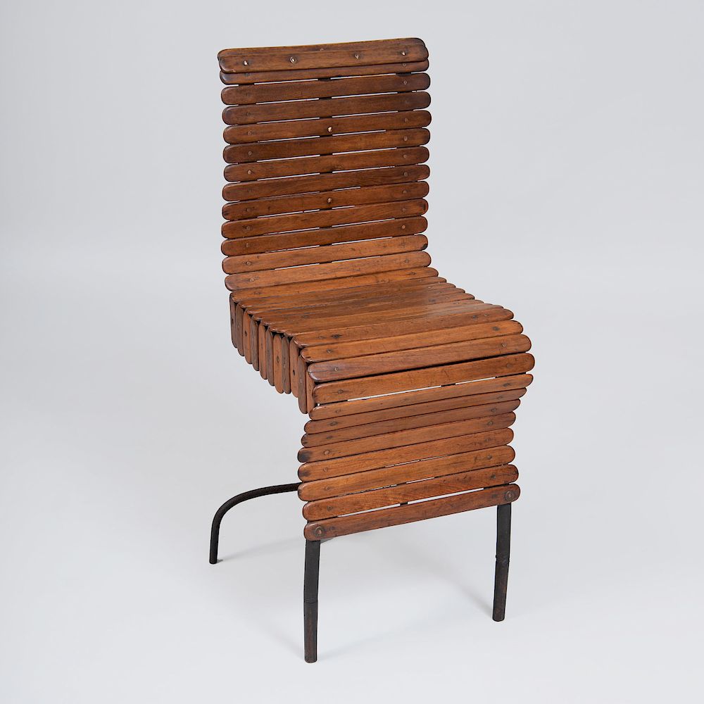 Appraisal: French Iron and Slatted Wood Side Chair x x in