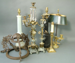 Appraisal: A th century style brass twin light bouillotte lamp on