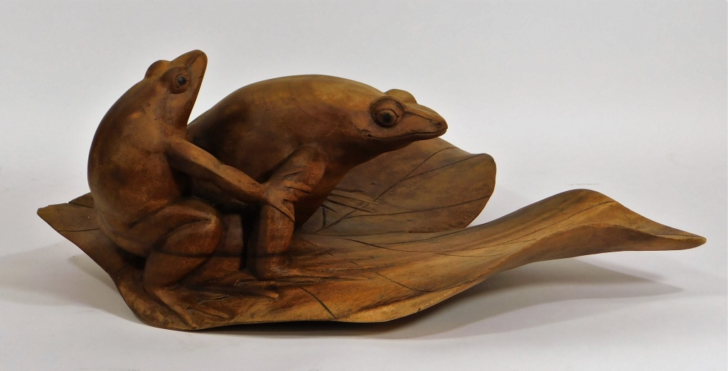 Appraisal: FINE JAPANESE CARVED WOOD SCULPTURE OF TREE FROGS Japan Early