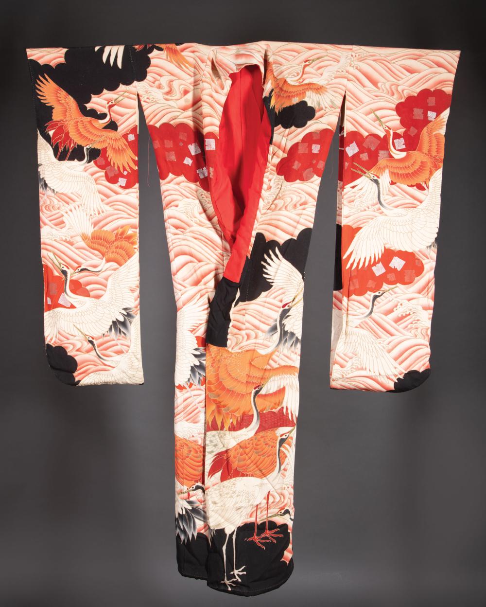 Appraisal: Japanese Painted Silk Furisode Kimono decorated with cranes amid waves