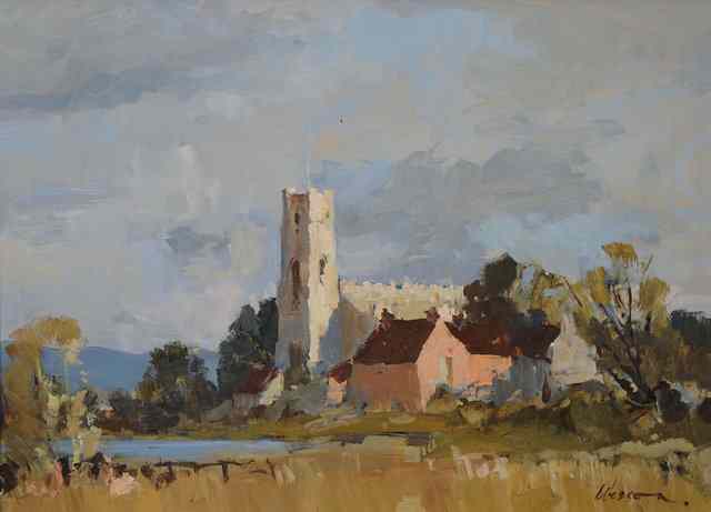 Appraisal: Edward Wesson British - Sunlit landscape with church signed oils