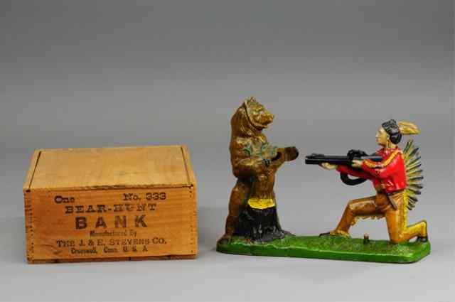 Appraisal: INDIAN SHOOTING BEAR MECHANICAL BANK WITH BOX J E Stevens