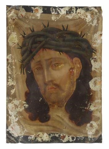 Appraisal: Unframed oil on tin retablo Mexico El Divino Rostro La