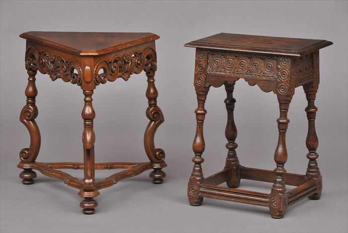 Appraisal: WILLIAM AND MARY-STYLE CARVED WALNUT SIDE TABLE The triangular molded