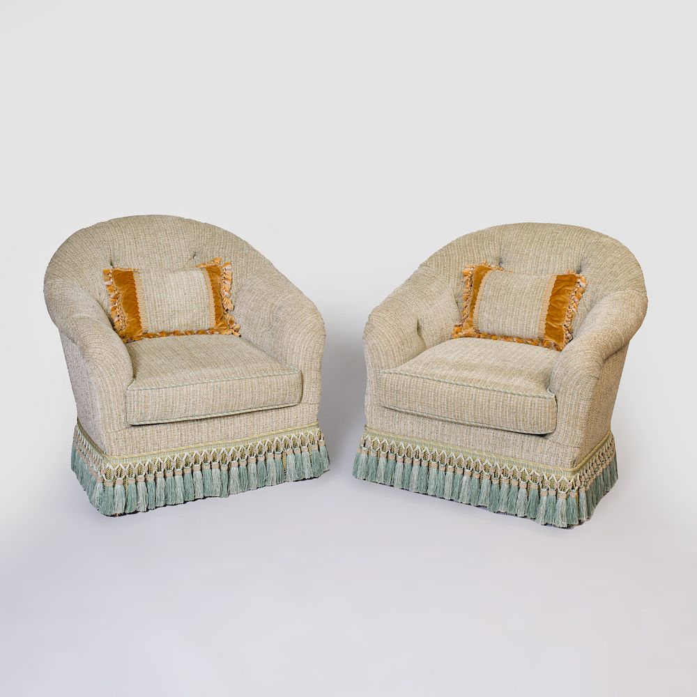 Appraisal: Pair of Green Chenile Tufted Upholstered Tub Chairs Each with