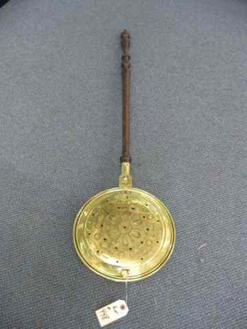 Appraisal: Victorian Brass Bedwarmer wooden handle great to hang next to