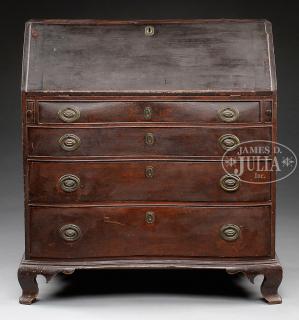 Appraisal: MASSACHUSETTS CHIPPENDALE MAHOGANY OXBOW SLANT LID DESK Third quarter th