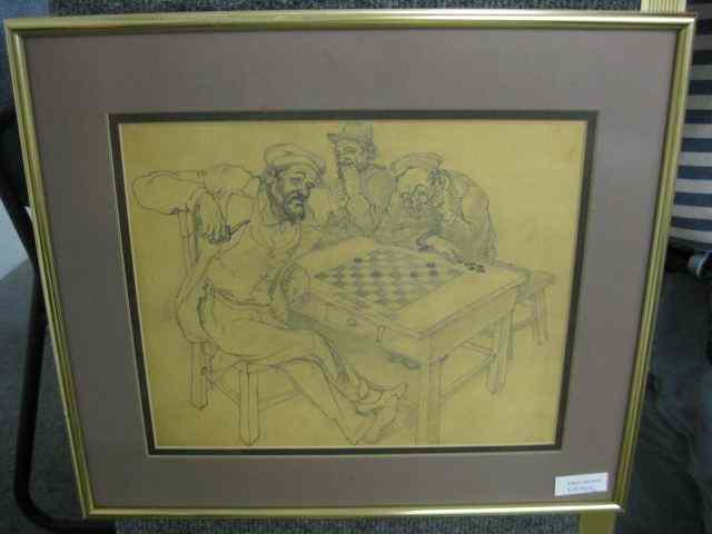 Appraisal: Pencil Drawing old men playing checkers '' x '' unsigned