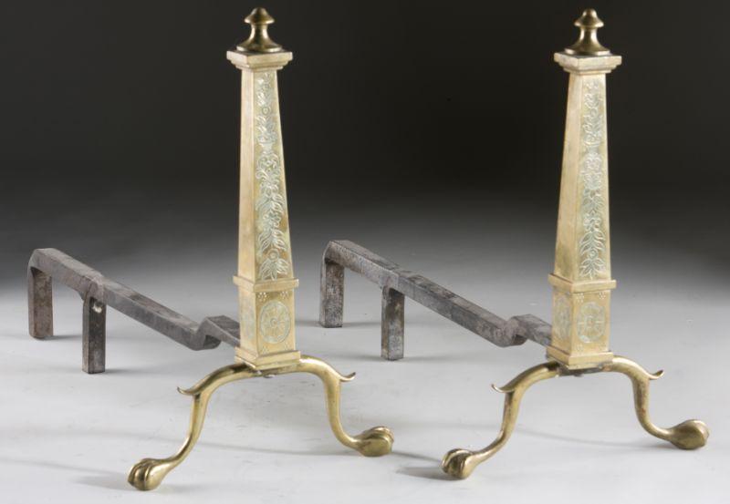 Appraisal: Pair of Brass Obelisk Andirons late th century likely English