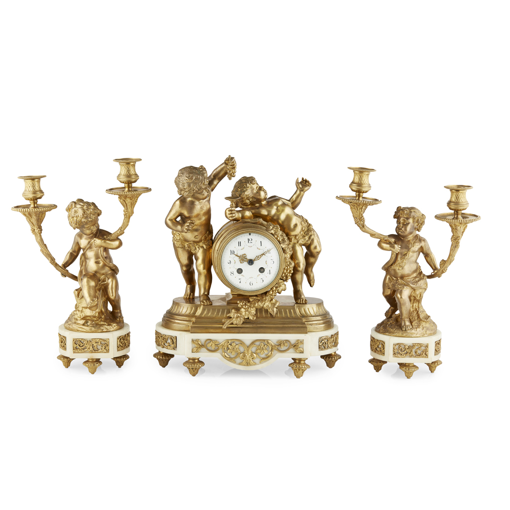 Appraisal: FRENCH GILT BRONZE AND MARBLE CLOCK GARNITURE AFTER CLODION LATE