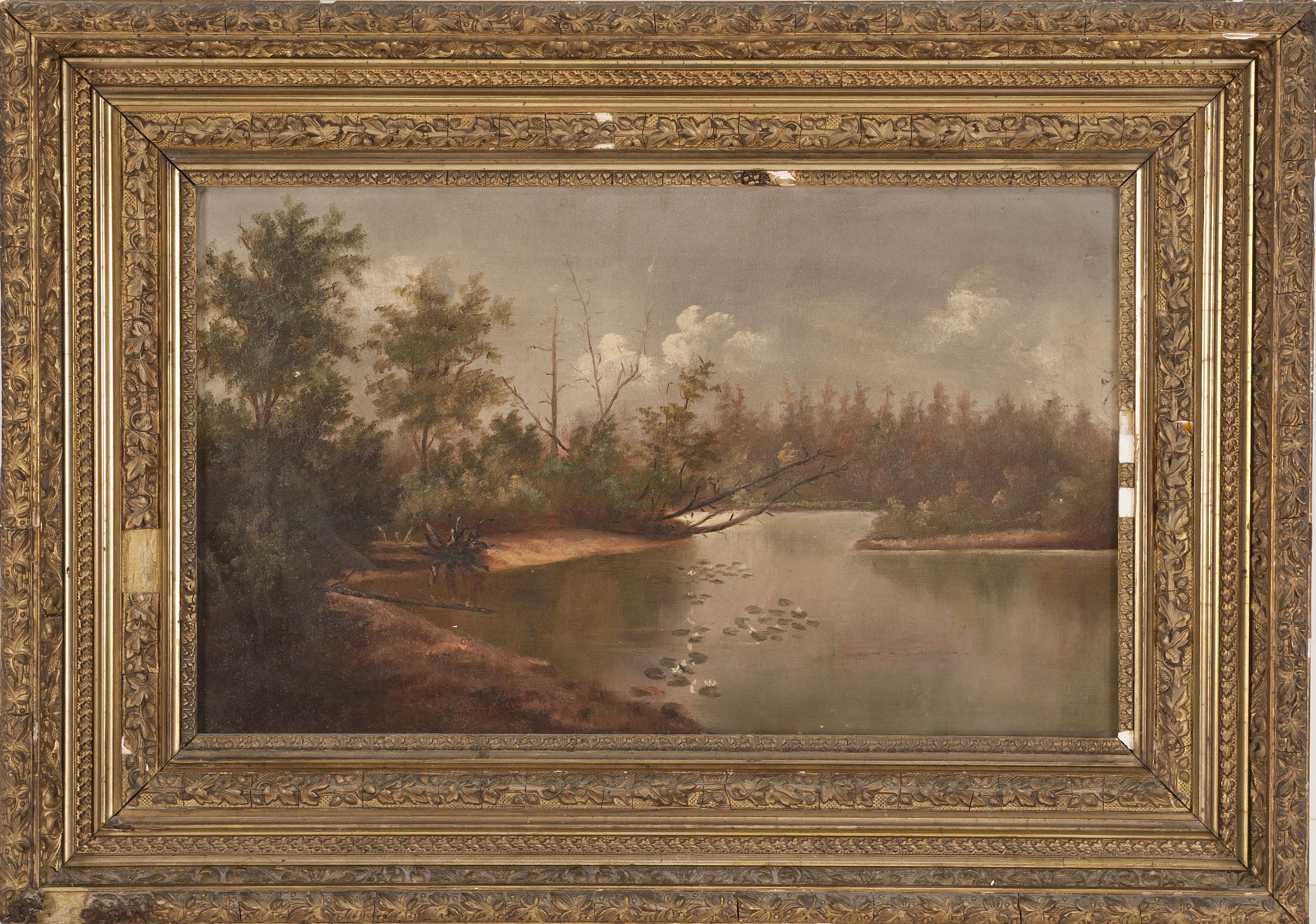 Appraisal: FRAMED PAINTING AMERICAN SCHOOL th Century Water lilies on a