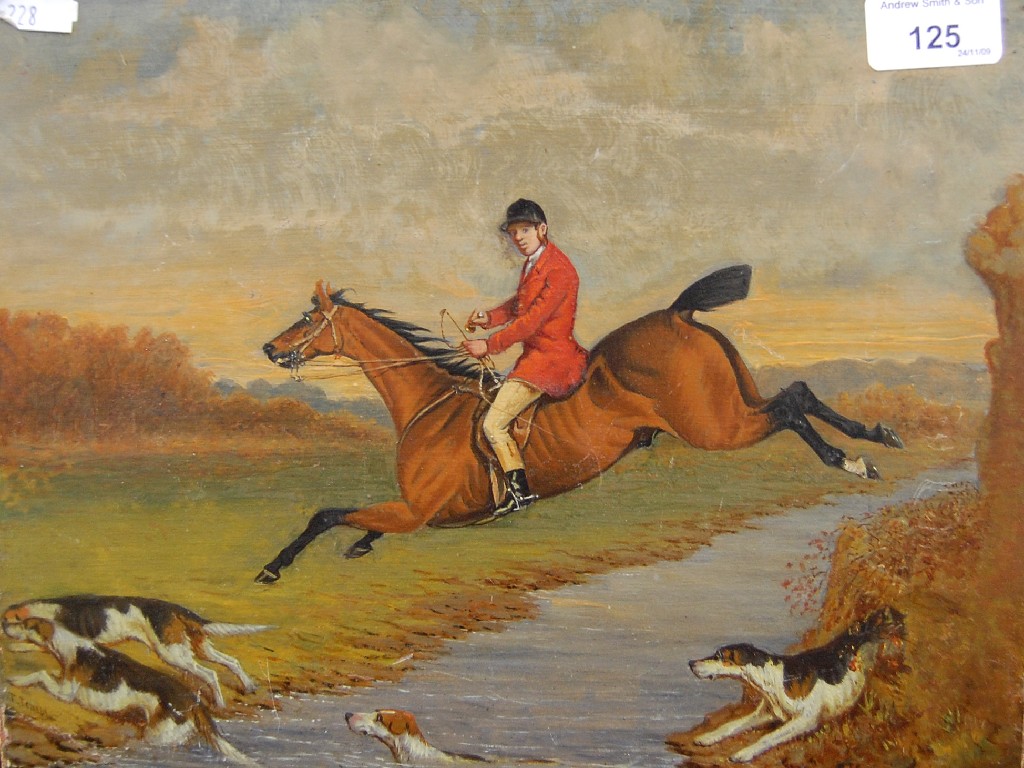 Appraisal: Late th century double-sided equestrian oil on card by T