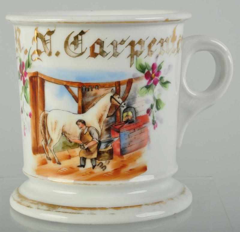 Appraisal: Blacksmith Shoeing a Horse Shaving Mug Description Gilt name R