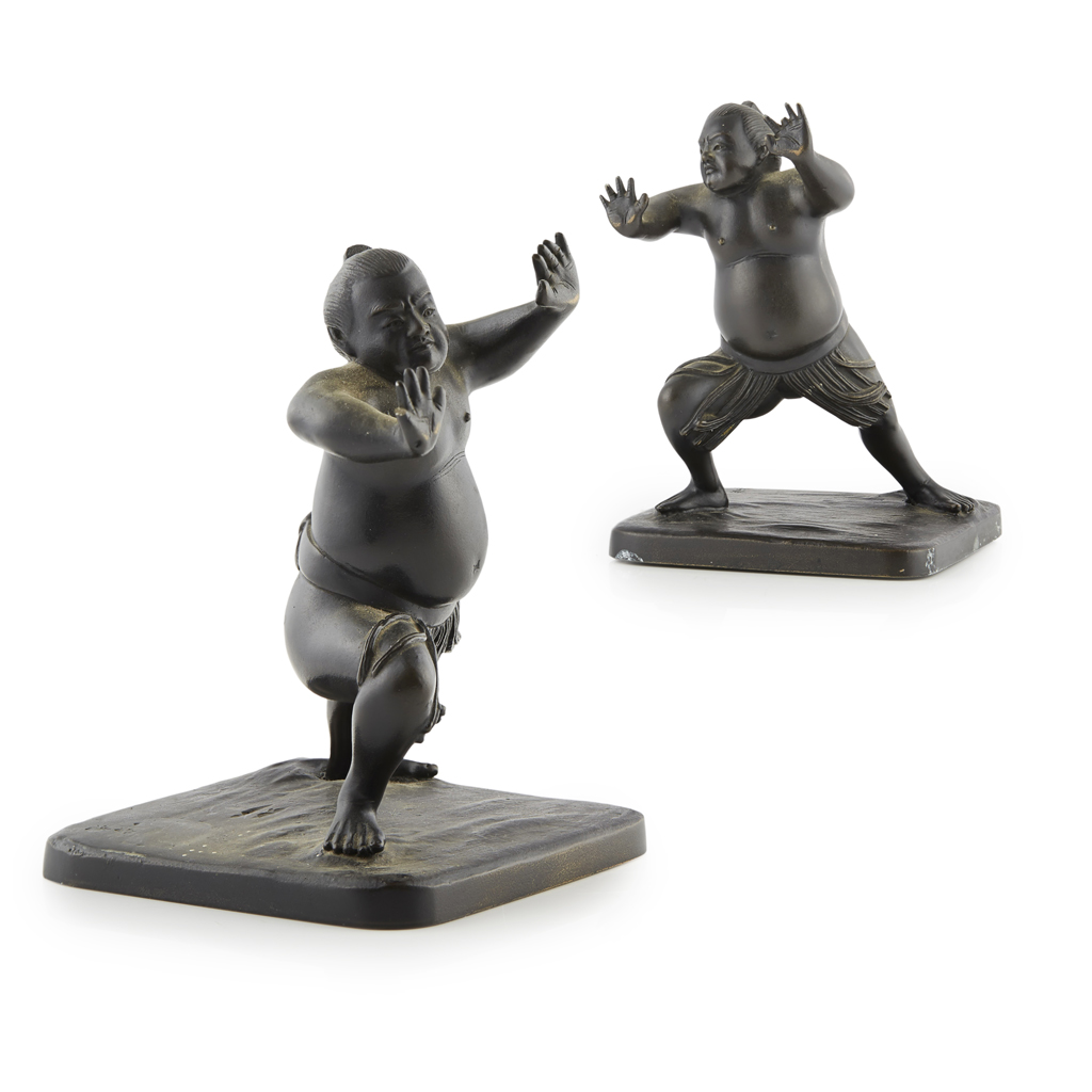 Appraisal: PAIR OF BRONZE FIGURES OF SUMO WRESTLERS RIKISHI SIGNED YOSHIMITSU