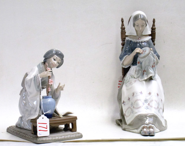 Appraisal: TWO LLADRO PORCELAIN FIGURINES Japanese Girl Decorating Vicente Martinez sculptor